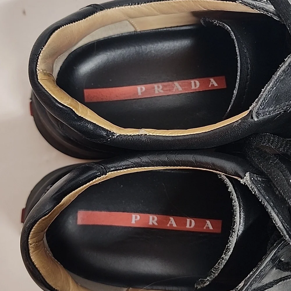 Prada black square toe lace up mens leather sneakers.  Made in Italy.  Quality. - Picture 3 of 12